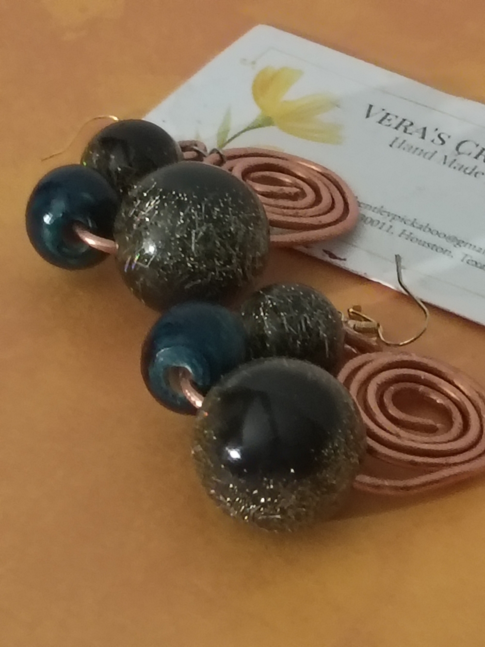Vera's Handcrafted Teal and Copper Glass Drop Earrings